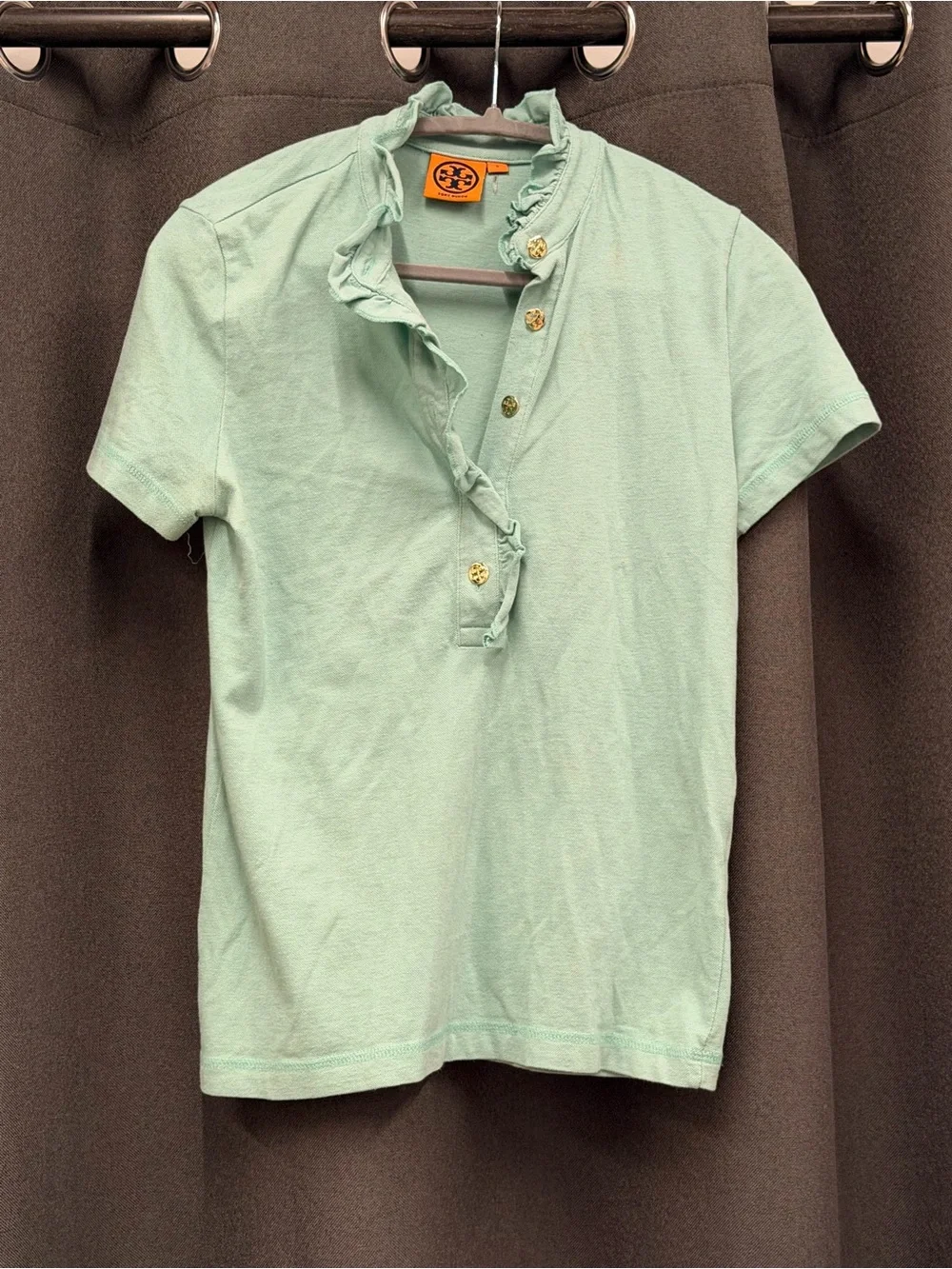 Tory Burch Girls Mint Ruffle-Trim Polo with Gold Buttons